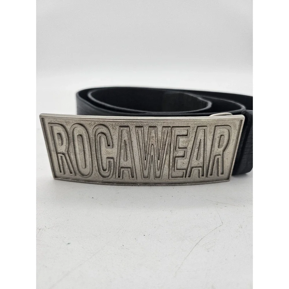 Rocawear Black Italian Leather Belt Spell Out Buckle RW044/N 41-44 Y2K VTG